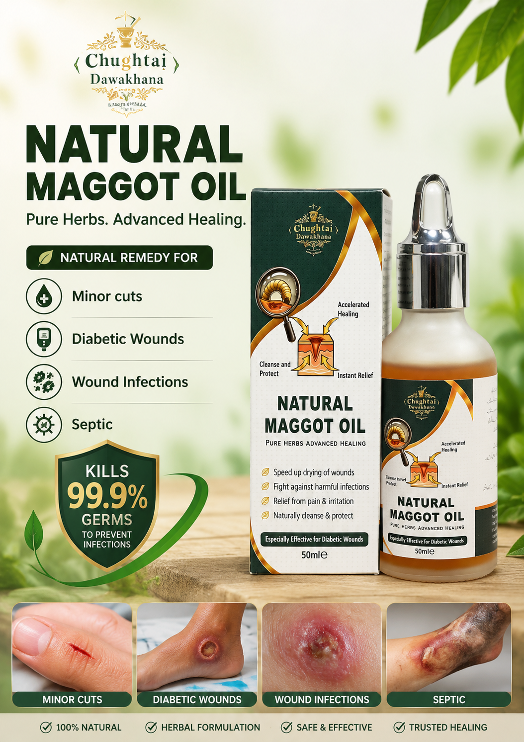 Natural Maggot Oil - 50ml | Herbal Wound Healing Oil for Diabetic Wounds